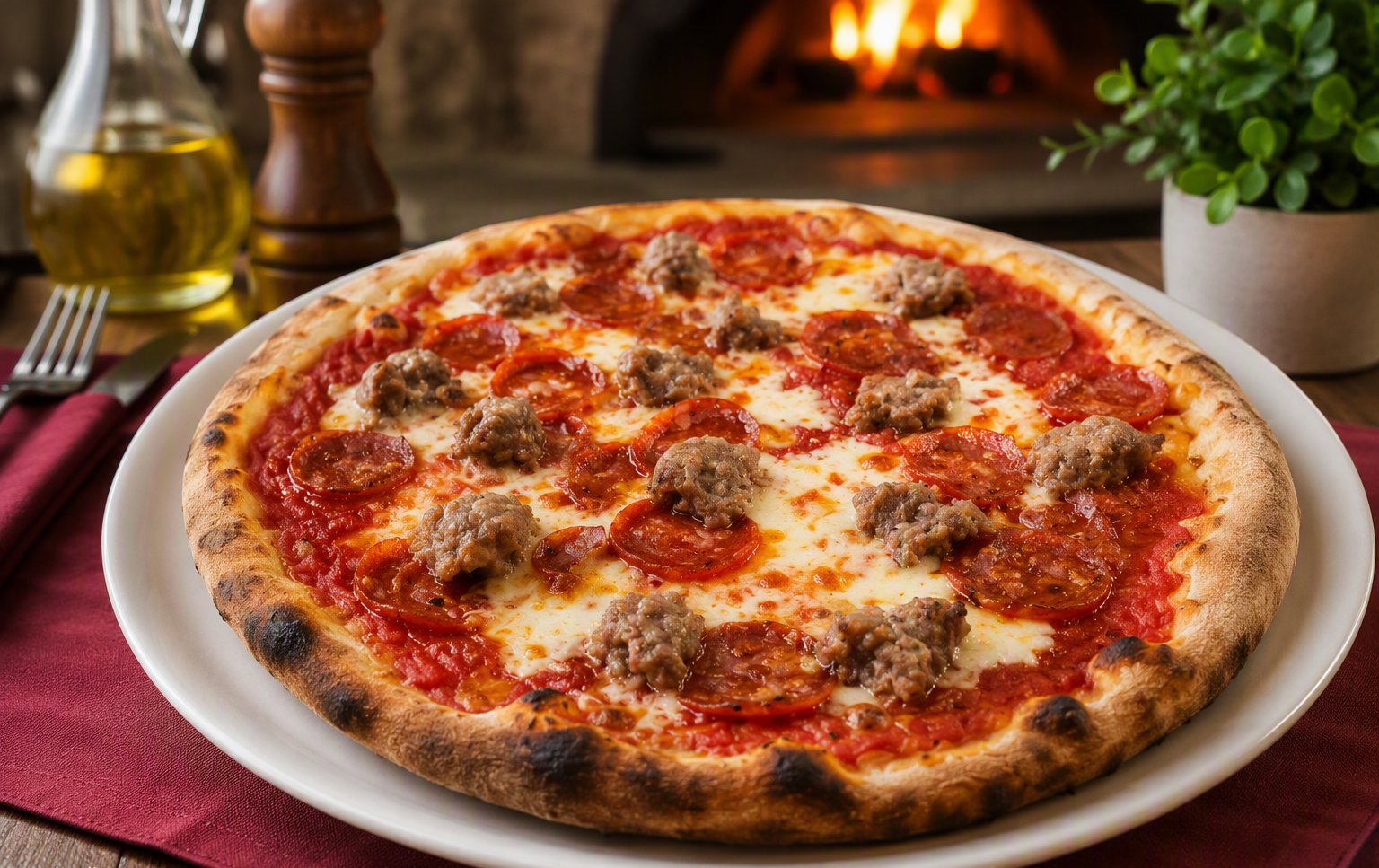 Pizza alla salsiccia dal forno a legna